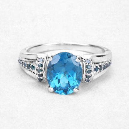 2.72 Carat Genuine London Blue Topaz and Blue Diamond .925 Sterling Silver Ring