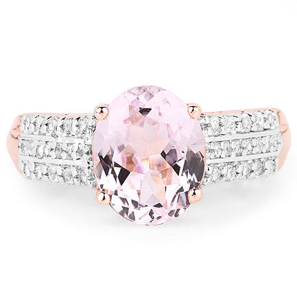 14K Rose Gold Plated 3.27 Carat Genuine Kunzite Oval and White Zircon .925 Sterling Silver Ring Ring