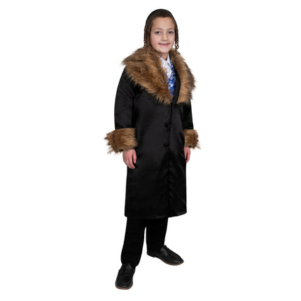 Kids Rabbi Coat with Faux Fur Trim – Traditional Long Black Coat