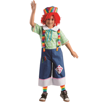 Kids Rainbow Rag Costume – Colorful Clown Patchwork Jumpsuit with Hat Halloween Dress Up Outfit