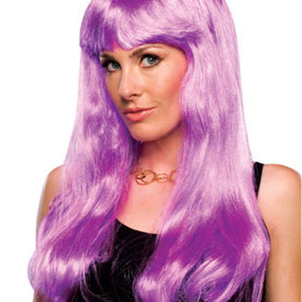 Women's Long Magenta Purple Straight Wavy Glamour Wig With Bangs