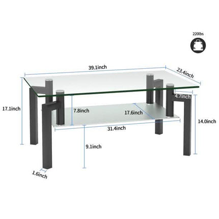 Rectangular Tempered Metal Tube Leg Living Room Glass Coffee Table