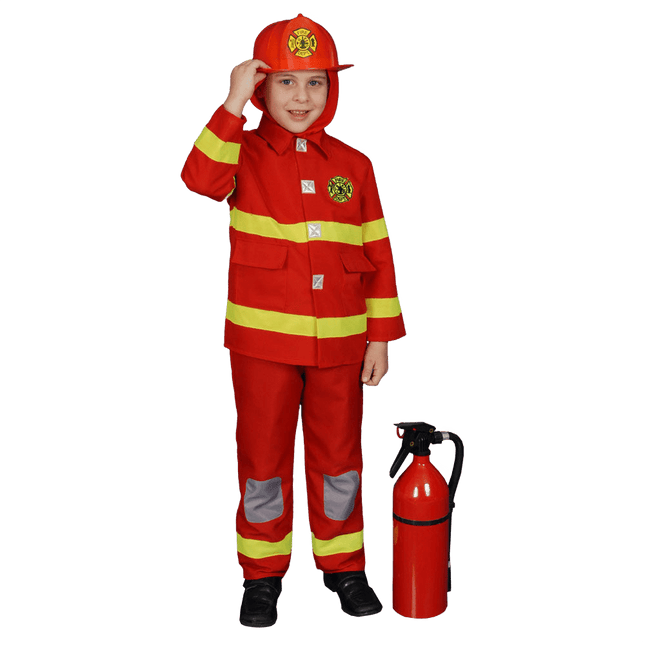 Kids Red Firefighter Costume with Rescue Jacket, Hat and Uniform Details