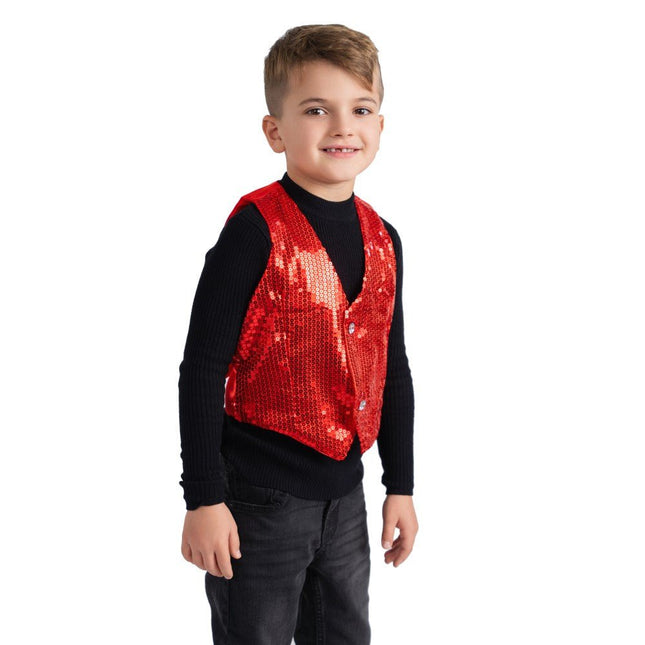 Kids Red Sequin Vest, Sparkling Shimmer Party Outfit Accessory for Dress Up and Performances