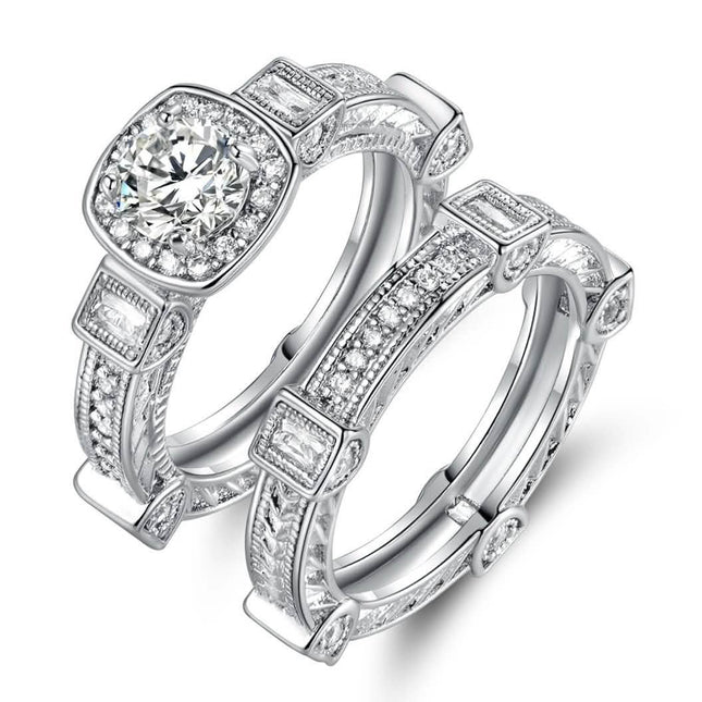 Rhodium Plated Cubic Zirconia Engagement Ring Set - Assorted Sizes