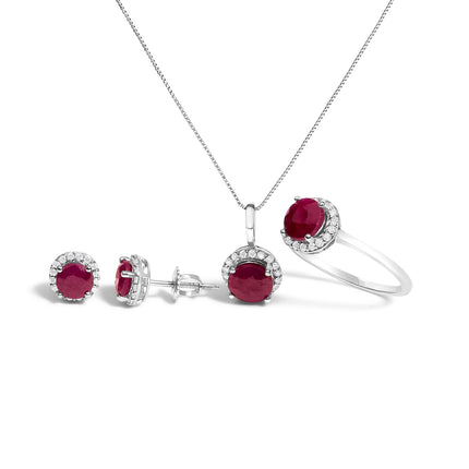 10K White Gold Purple Amethyst and 3/8 Cttw Diamond Halo Jewelry Set (Earrings, Pendant & Ring)
