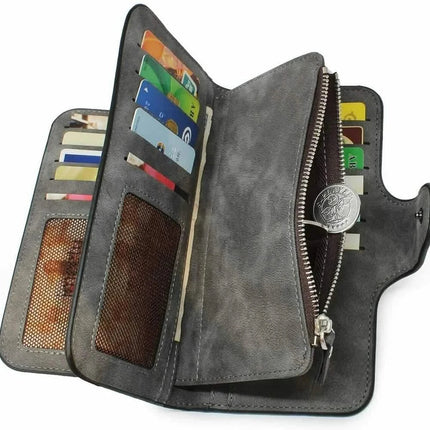Vintage Faux Leather Long Wallet – Trifold Credit Card Holder with Snap & Zipper