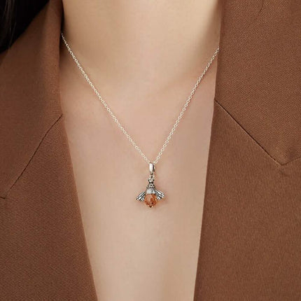S925 Sterling Silver Necklace Orange Color Wing Animal Lovely Bee Pendant