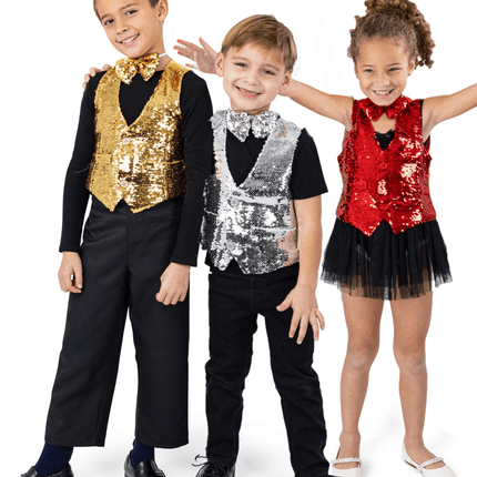 Sequin Vest & Bowtie Set for Kids – Gold, Silver, Red Costume Outfit | Party, Halloween & Stage Wear