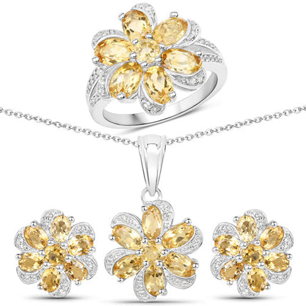7.92 Carat Genuine Citrine and White Topaz .925 Sterling Silver 3 Piece Jewelry Set (Ring, Earrings, and Pendant w/ Chain)