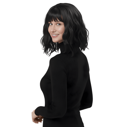 Short Wavy Bob Wig with Bangs – Natural Synthetic Wig for Women