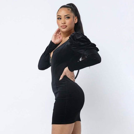 Soft Velvet Pleated Puff Sleeve Mini Dress