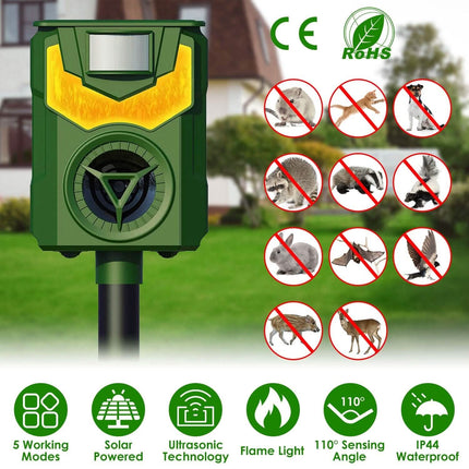 Solar Ultrasonic Animal Repeller with Flame Light USB Charge Motion Sensor