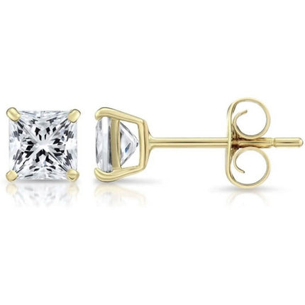 Solid 14K Yellow Gold Large 8mm Square Cut Crystal Studs