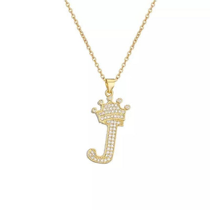 Stainless Steel Gold Overlay Hip Hop Crown A-Z Letters Necklace for Men and Women