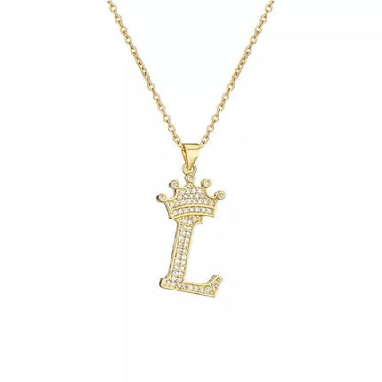 Stainless Steel Gold Overlay Hip Hop Crown A-Z Letters Necklace for Men and Women