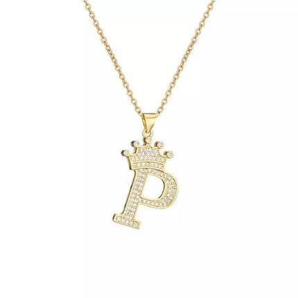 Stainless Steel Gold Overlay Hip Hop Crown A-Z Letters Necklace for Men and Women