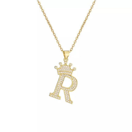 Stainless Steel Gold Overlay Hip Hop Crown A-Z Letters Necklace for Men and Women