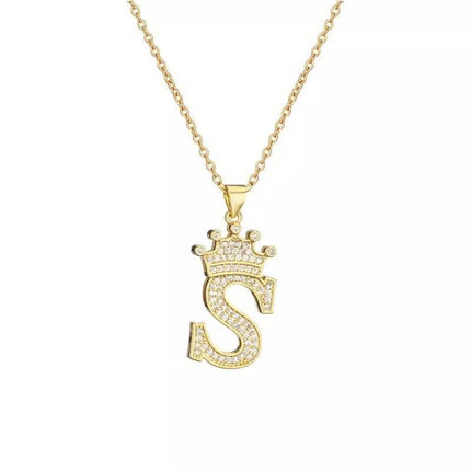 Stainless Steel Gold Overlay Hip Hop Crown A-Z Letters Necklace for Men and Women