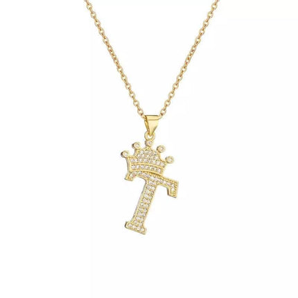 Stainless Steel Gold Overlay Hip Hop Crown A-Z Letters Necklace for Men and Women