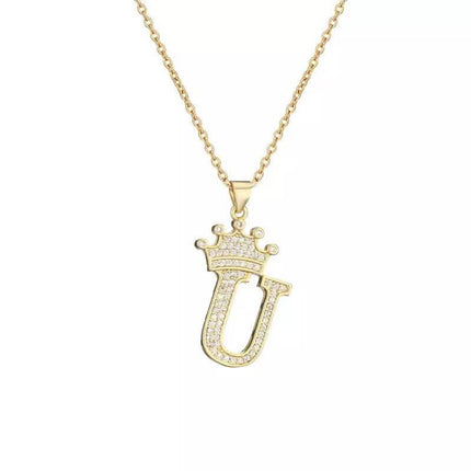 Stainless Steel Gold Overlay Hip Hop Crown A-Z Letters Necklace for Men and Women