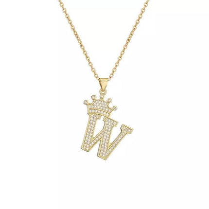 Stainless Steel Gold Overlay Hip Hop Crown A-Z Letters Necklace for Men and Women