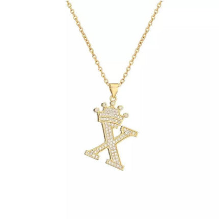 Stainless Steel Gold Overlay Hip Hop Crown A-Z Letters Necklace for Men and Women