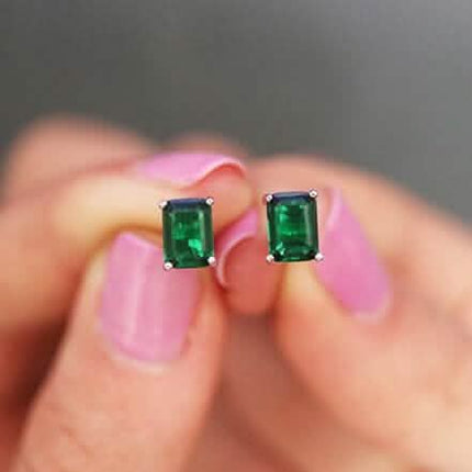 Sterling Silver 2.00 CTTW Emerald Cut Green Emerald Stud Earrings