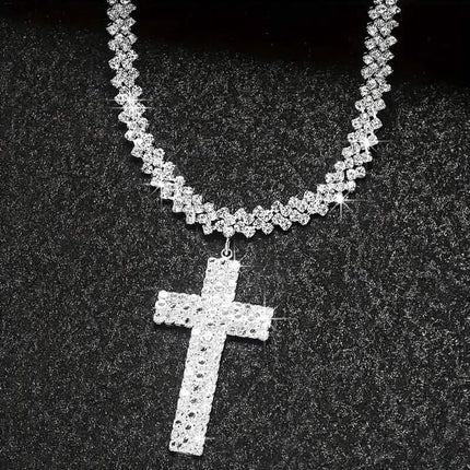Sterling Silver 925 Luxury Cross Pendant Necklace with Multi-Layer Zircon and Sparkling Rhinestones