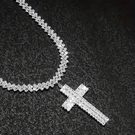 Sterling Silver 925 Luxury Cross Pendant Necklace with Multi-Layer Zircon and Sparkling Rhinestones