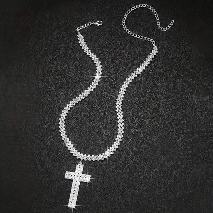 Sterling Silver 925 Luxury Cross Pendant Necklace with Multi-Layer Zircon and Sparkling Rhinestones