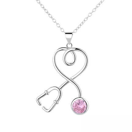 Sterling Silver Stethoscope Heart Pendant Necklace With Swarovski Crystals