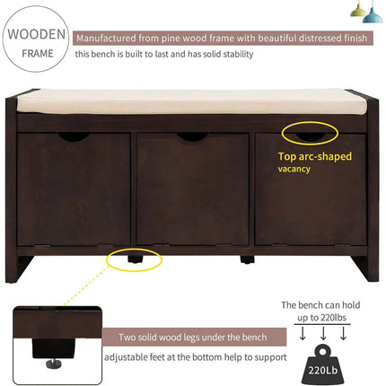 Storage Bench with Removable Cushion and 3 Flip Lock Storage Cubbies