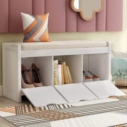 Storage Bench with Removable Cushion and 3 Flip Lock Storage Cubbies