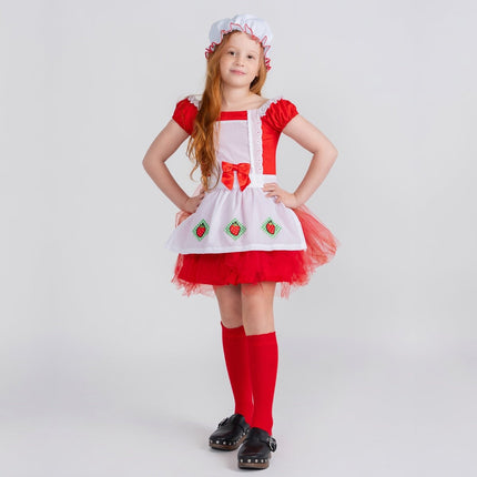 Strawberry Ballerina Costume for Girls – Cute Red & White Fairy Tale Dress with Apron & Tulle Skirt