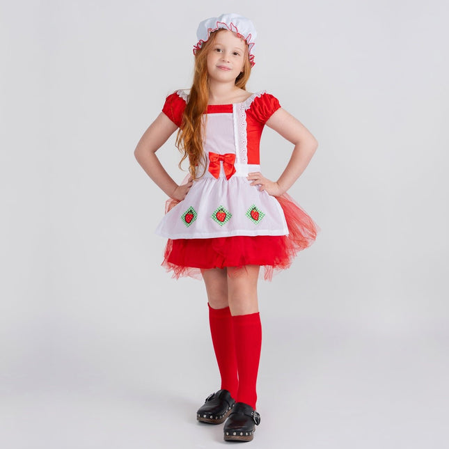 Strawberry Ballerina Costume for Girls – Cute Red & White Fairy Tale Dress with Apron & Tulle Skirt