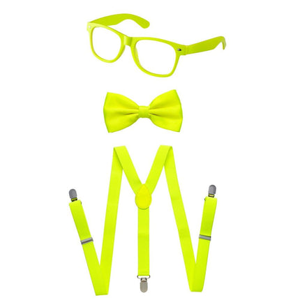 Neon Suspenders, Bow Tie & Sunglasses Set – Retro Costume Accessory Kit for Kids & Adults