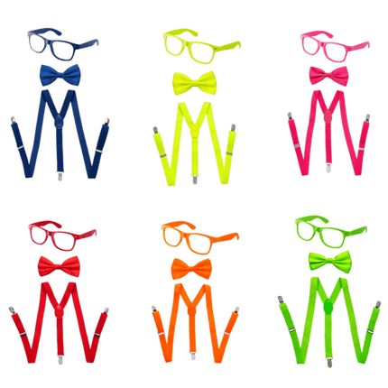 Neon Suspenders, Bow Tie & Sunglasses Set – Retro Costume Accessory Kit for Kids & Adults