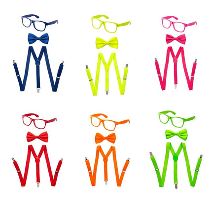 Neon Suspenders, Bow Tie & Sunglasses Set for Kids & Adults – 80s Party Costume Accessories 6 Colors