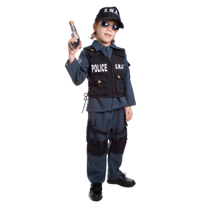 Kids S.W.A.T. Police Officer Costume with Tactical Vest, Badge and Gear Details