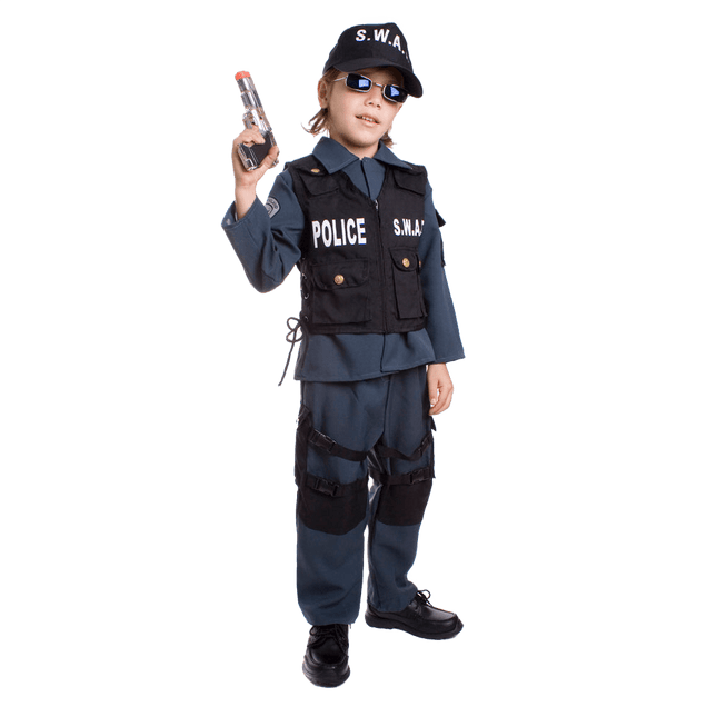 Kids S.W.A.T. Police Officer Costume with Tactical Vest, Badge and Gear Details