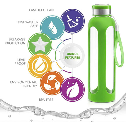 Swig Savvy Glass Water Bottles with Protective Silicone Sleeve & Stainless Steel Leak Proof Lid