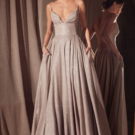 Ladivine Amoris T214 Sleeveless Spaghetti Strap A-Line Glitter Gown