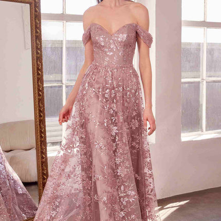 Ladivine Amoris T607 Glitter Print Off the Shoulder A-Line Prom Gown