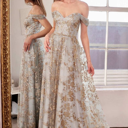 Ladivine Amoris T607 Glitter Print Off the Shoulder A-Line Prom Gown
