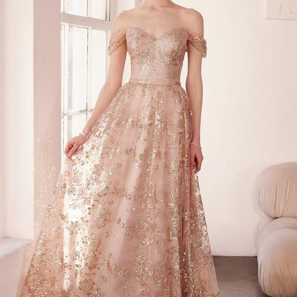 Ladivine Amoris T607 Glitter Print Off the Shoulder A-Line Prom Gown