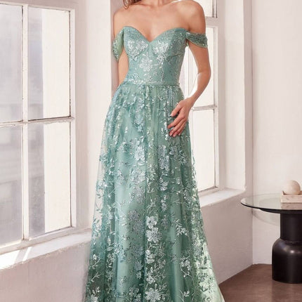 Ladivine Amoris T607 Glitter Print Off the Shoulder A-Line Prom Gown