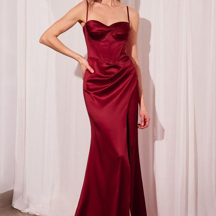 Ladivine Amoris T608 Long Fitted Satin Prom Gown Corset Bodice Slit