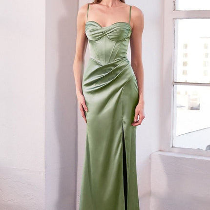 Ladivine Amoris T608 Long Fitted Satin Prom Gown Corset Bodice Slit