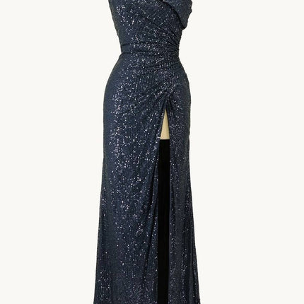 Ladivine Amoris T806 One Shoulder Evening Sequin Dress Leg Slit